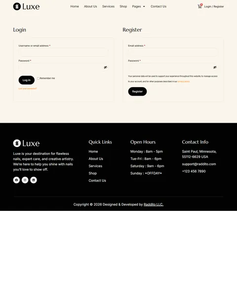 Luxe customer login and register page