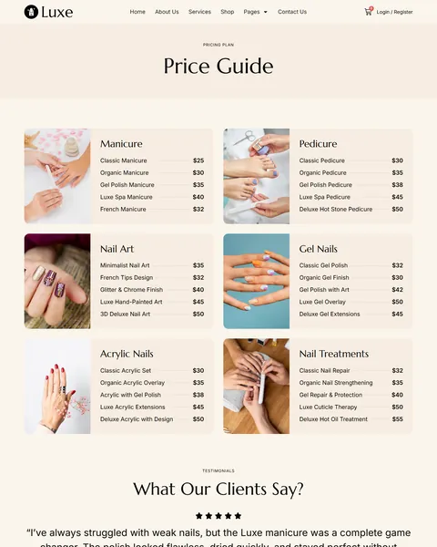 Luxe nail salon price guide page