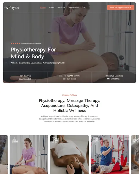 Physa physiotherapy Elementor landing page hero section