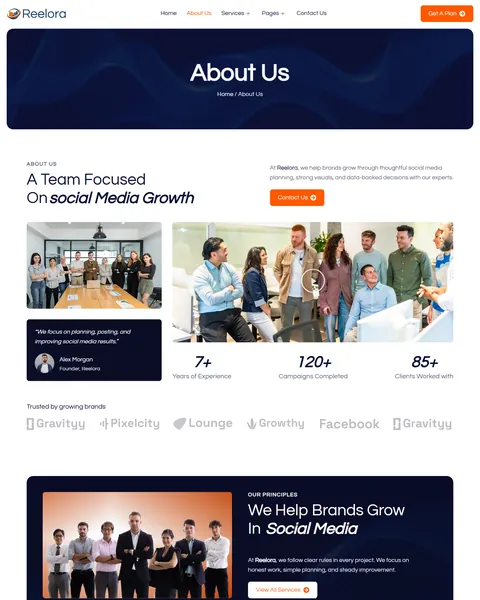 Reelora social media marketing website template About page