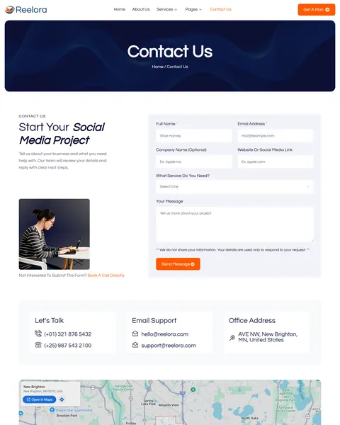 Reelora Contact page with project brief form