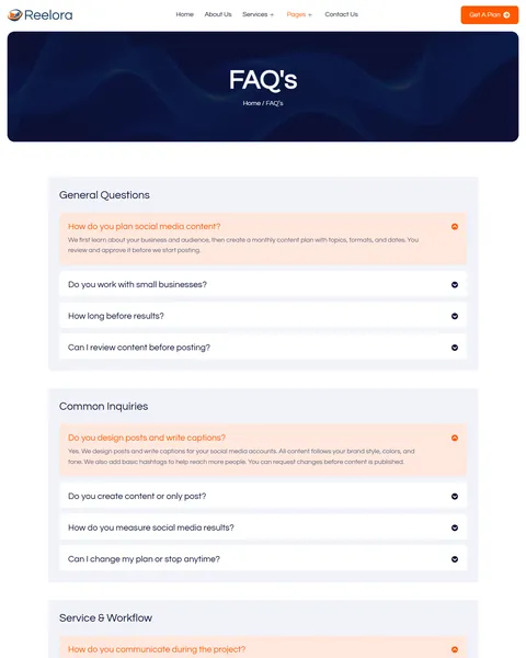 Reelora social media agency FAQ page