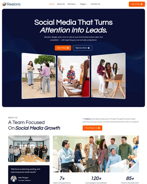 Reelora social media agency Elementor template kit homepage