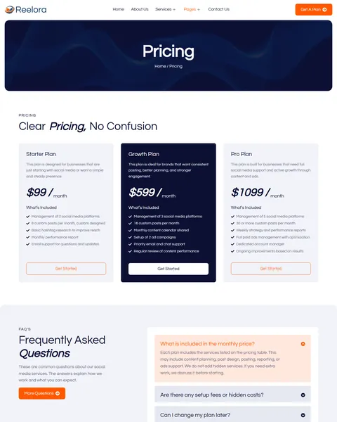 Reelora social media pricing plans page