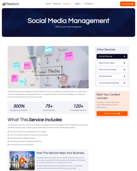 Reelora social media management service page
