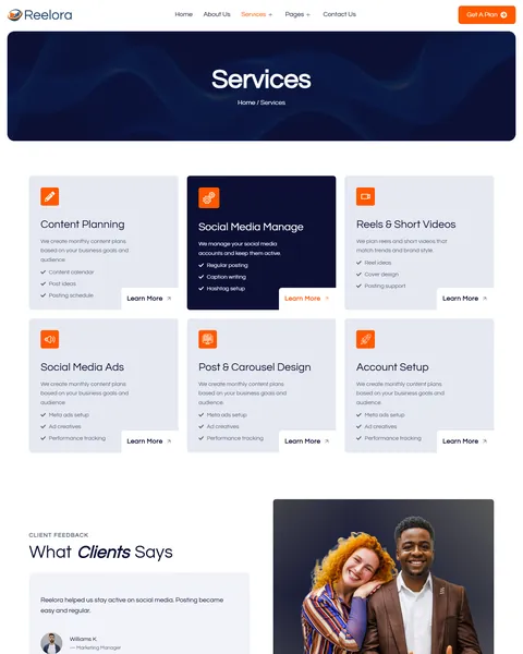 Reelora social media services page