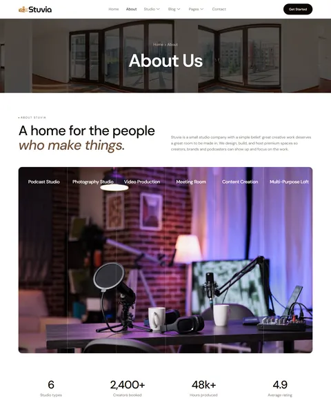 Stuvia photography studio website template About page