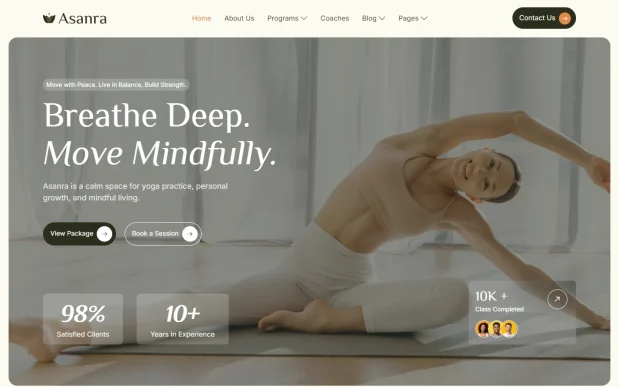 Asanra 1 Yoga & Wellness WordPress Full Website Template Kit