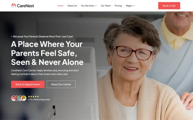 CareNest (3) Senior Care & Private Nursing WordPress Full Website Template Kit