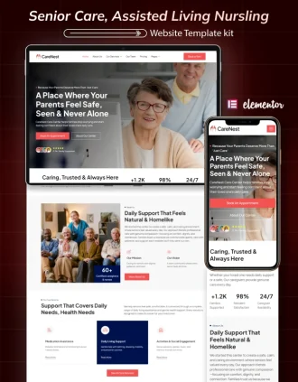 CareNest senior care and assisted living WordPress Elementor template kit