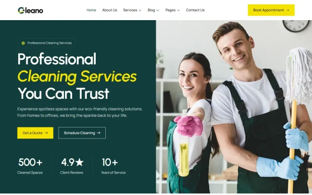 Cleano 1 Cleaning Services WordPress Full Website Template Kit