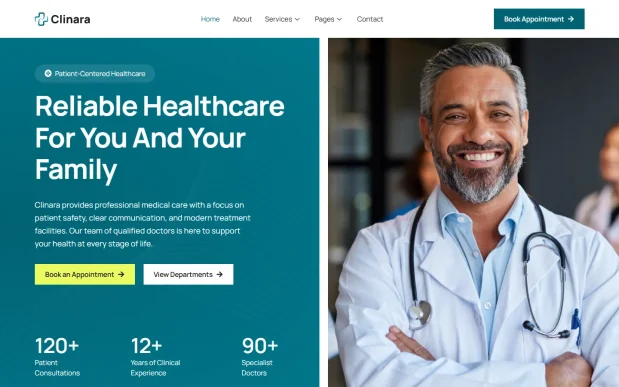 Clinara 1 Medical Clinic WordPress Full Website Template Kit