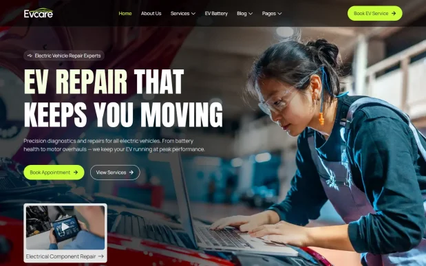EVcare (1) Electric Vehicle Services Elementor WordPress Full Website Template Kit