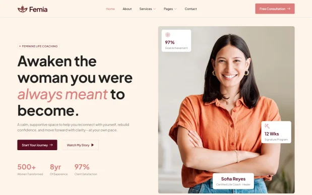 Femia (1) Feminine Life Coaching Elementor WordPress Full Website Template Kit