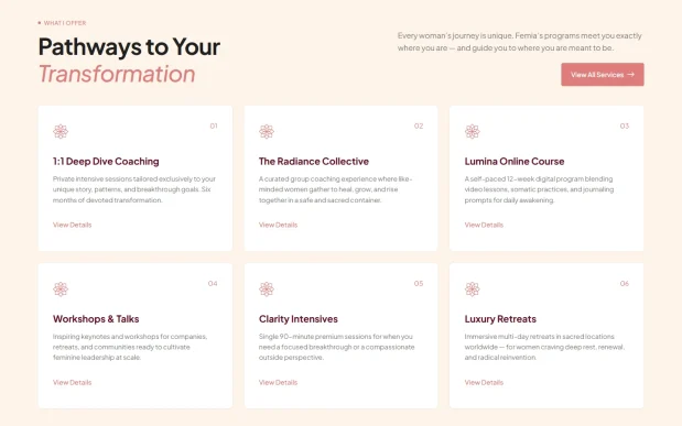 Femia (2) Feminine Life Coaching Elementor WordPress Full Website Template Kit