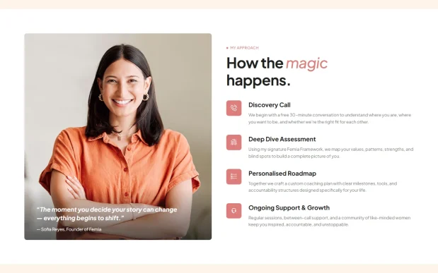 Femia (3) Feminine Life Coaching Elementor WordPress Full Website Template Kit