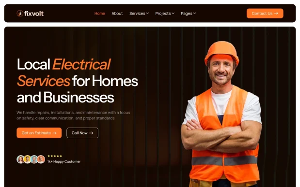 Fixvolt (1) Electrician & Electrical Services Elementor WordPress Full Website Template Kit