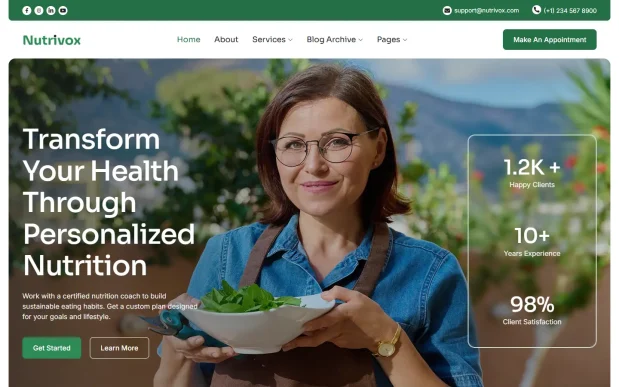 Nutrivox (1) Nutrition Coach Elementor WordPress Full Website Template Kit