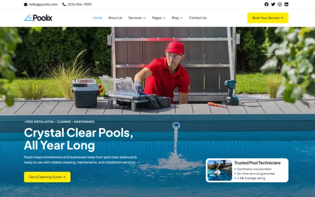 Poolix (1) Pool Cleaning & Maintenance WordPress Full Website Template Kit