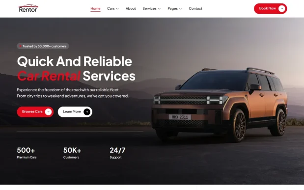 Rentor 1 Car Rental WordPress Full Website Template Kit