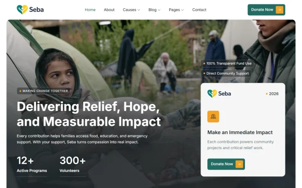 Seba 1 NGO, Charity & Fundraising WordPress Full Website Template Kit