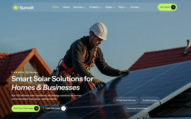 Sunvolt (3) Solar & Renewable Green Energy WordPress Full Website Template Kit